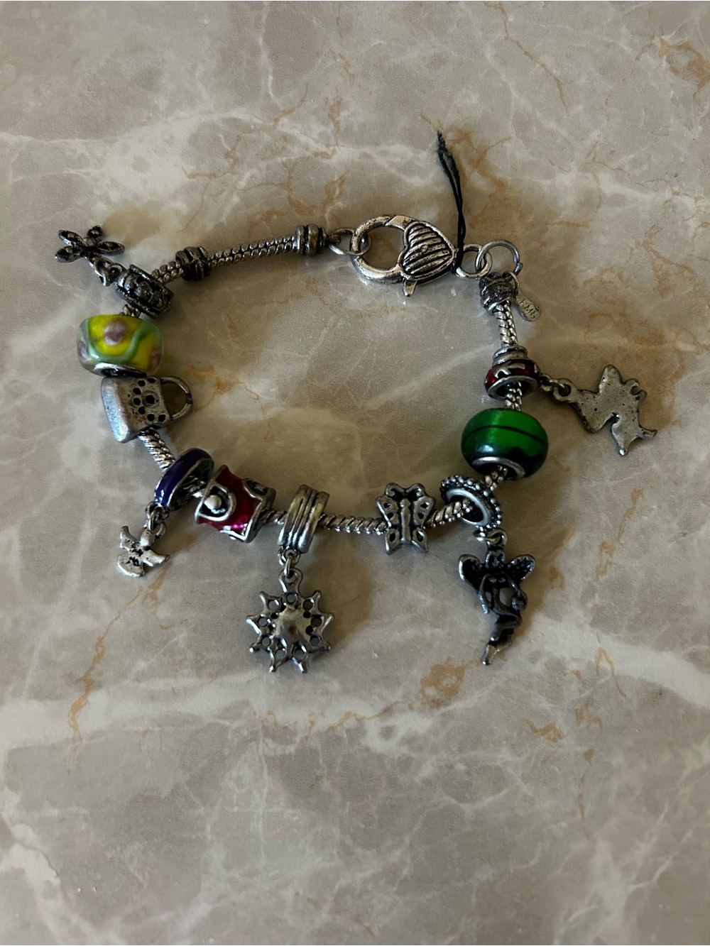 Silver Charm Bracelet with Green and Yellow Beads